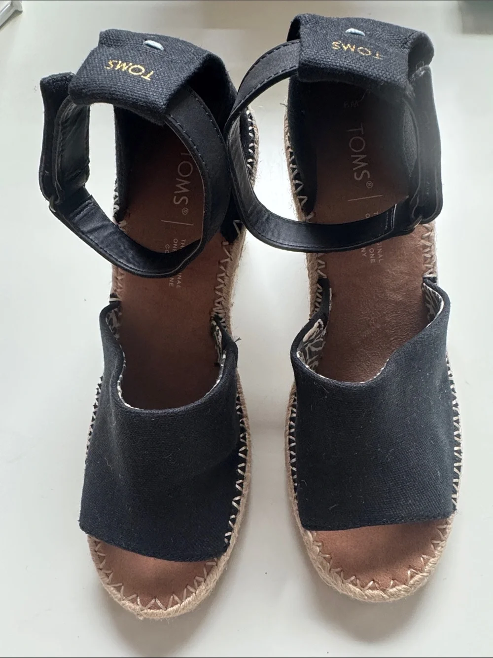 Toms Black Canvas Espadrille Wedge Sandals with Ankle Strap